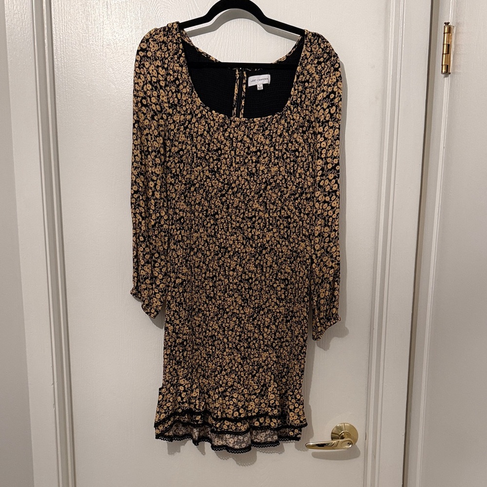 Lost + Wander Black and Tan Floral Long Sleeve Smocked Dress